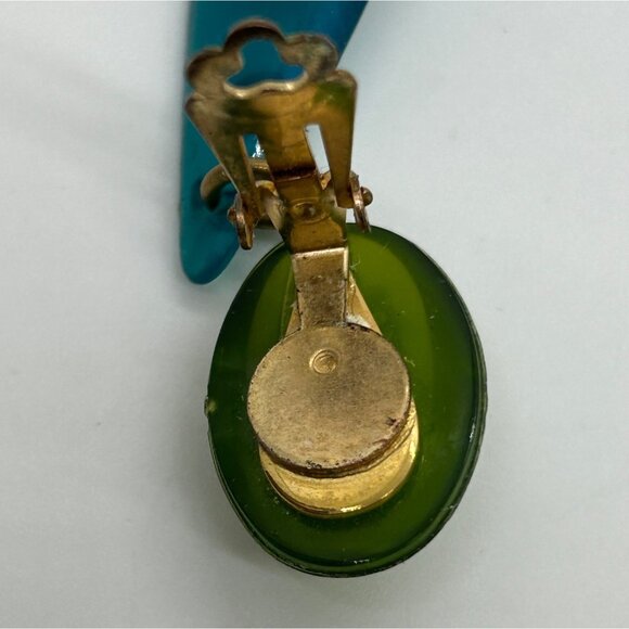 Vintage 1960s Lucite Dangle Clip-On Earrings Teal & Green Mod Design With Facete - Picture 10 of 16